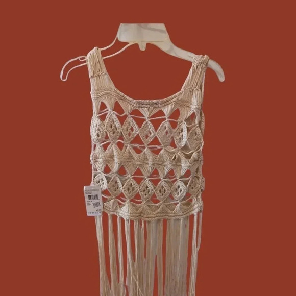 Ten sixty sherman crochet  deeply fringe crop top boho tassel size M color beige - Picture 2 of 8